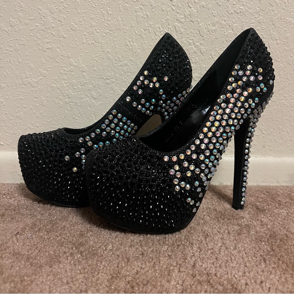 Jeru Black Sparkle Rhinestone Dress High Stiletto Platform Pumps US Size 5 1/2 - Picture 4 of 9